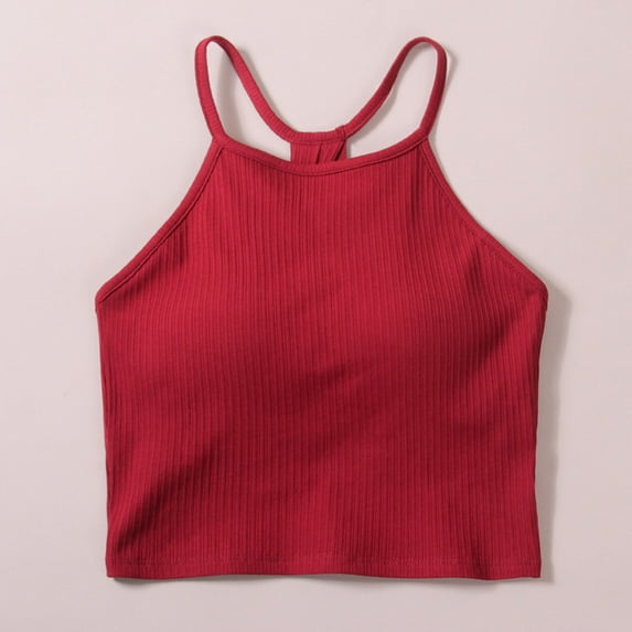 Workout Cropped Tank Tops for Women Built in Bra Seamless Ribbed Knit Racerback Backless Top for Teen Girls Wine S
