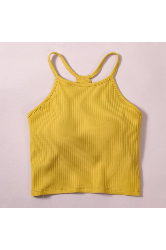 Workout Cropped Tank Tops for Women Built in Bra Seamless Ribbed Knit Racerback Backless Top for Teen Girls Yellow S