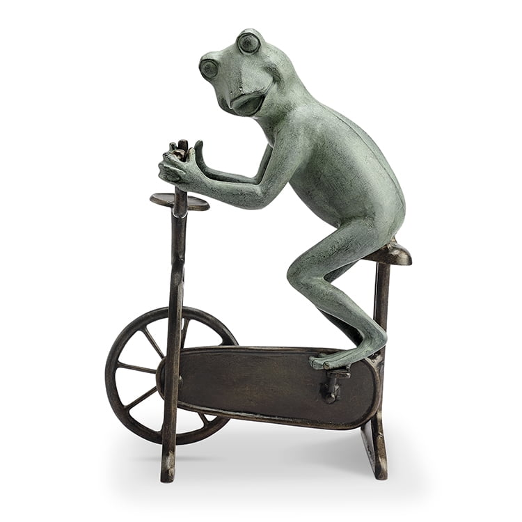 Verdigris Green Cast Aluminum Frog on Bicycle Garden Sculpture