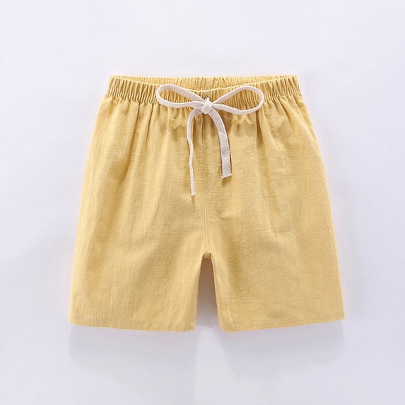 Workout Half Pants for Girl Child Cotton Linen Shorts,Toddlers Boys Girls Lightweight Drawstring Short Pants, Kids Bermuda Linen Shorts with Pockets Yellow 3-4Y