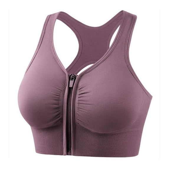 Workout High Support Sports Bra, Womens Front Zipper Racerback Training Daily Brassiere, Push up Yoga Underwear Plus Size Sports Bras for Lady Purple XXL