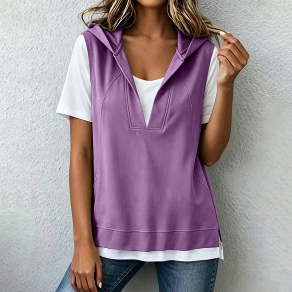 Workout Hoodies Women Women's Short Sleeve Hooded Patchwork V-Neck Loose Casual Blouse Pullover Tops Purple L