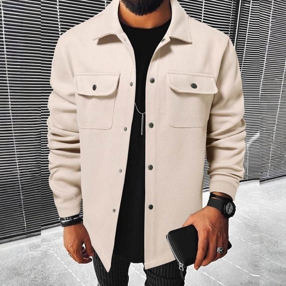 Workout Hoodies for Men Men's Fall Winter Button Jackets Solid Color Flap Pocket Coat Lapel Collar Long Sleeve Workwear Jacket Beige M