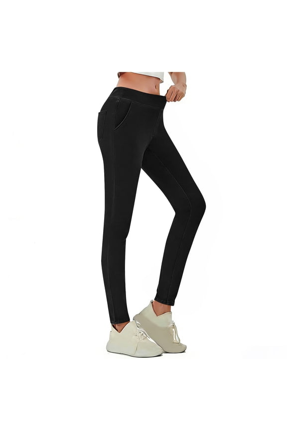 Workout Jean Leggings for Women with Pockets Stretch Faux-Denim Long Pants High Waist Yoga Casual Trousers (L, Black)