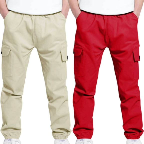 Workout Jogger Sweatpants, 2PC Boys And Childrens Sports Cargo Pants Stretch Elastic Waist School Kids Twill Joggers for 4-13Years, Size 4-13 Years