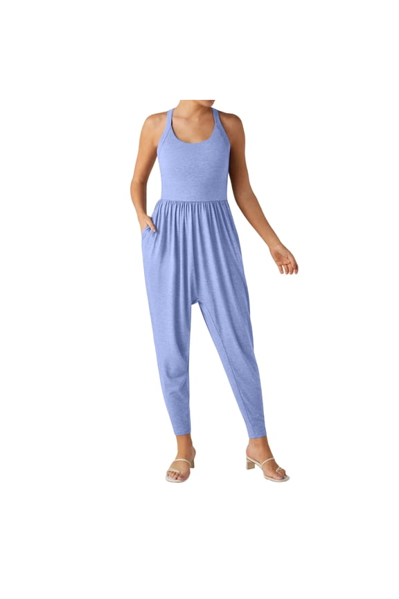 Workout Jumpsuits for Women Backless Twisted U Neck Side Pocket Harem Casual Yoga Gym Jumper One Piece Outfits Blue S