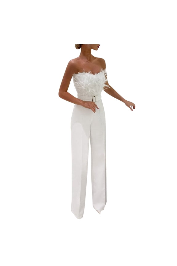 Workout Jumpsuits for Women Casual Feather Strapless Off Shoulder Wide Leg Outwear,White,M