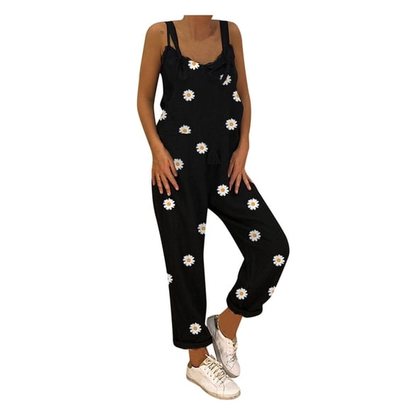Workout Jumpsuits for Women Casual Long Knot Strap Boho Playsuit Print Button Rompers,Black,L