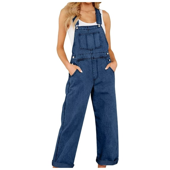Workout Jumpsuits for Women Casual Summer Denim Overalls with Pockets Straight Leg Jeans Romper,Blue,S