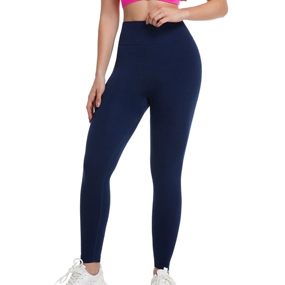 Workout Leggings High Waist Seamless Leggings Women Ribbed Stretchy Workout Running Yoga Pants Navy M