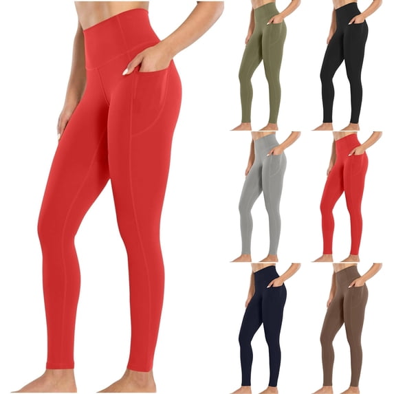 Workout Leggings with Two Side Pockets for Women High Waist Yoga Pants Soft Lightweight Athletic Gym Tights, Red L