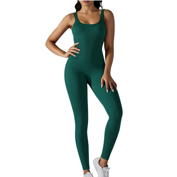 Workout Long Jumpsuit for Women Yoga Gym Ribbed Seamless One Piece Racerback Tummy Control Sleeveless Exercise Jumpsuits