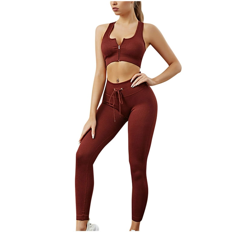 Workout Outfit for Women 2 Piece High Waist Drawstring Ribbed Leggings with  Zipper Sports Bra Gym Fitness Yoga Set 