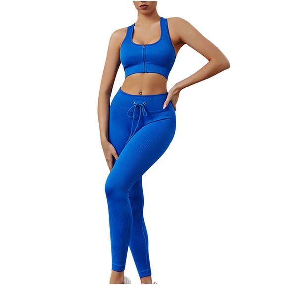 Workout Outfit for Women 2 Piece High Waist Drawstring Ribbed Leggings with Zipper Sports Bra Gym Fitness Yoga Set