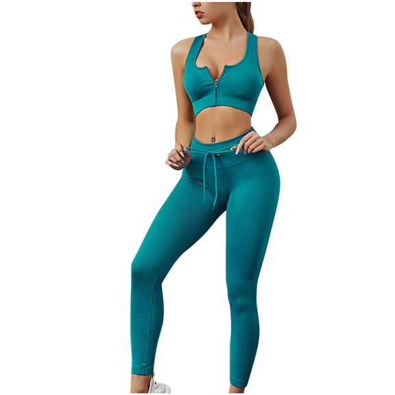 Workout Outfit for Women 2 Piece High Waist Drawstring Ribbed Leggings with Zipper Sports Bra Gym Fitness Yoga Set
