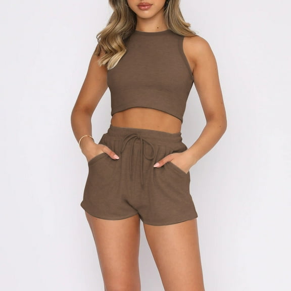 Workout Outfits For Women 2 Piece Casual Matching Sets Crop Tank High Waist Yoga Shorts Exercise Set,Yellow Women'S Blended Shorts S