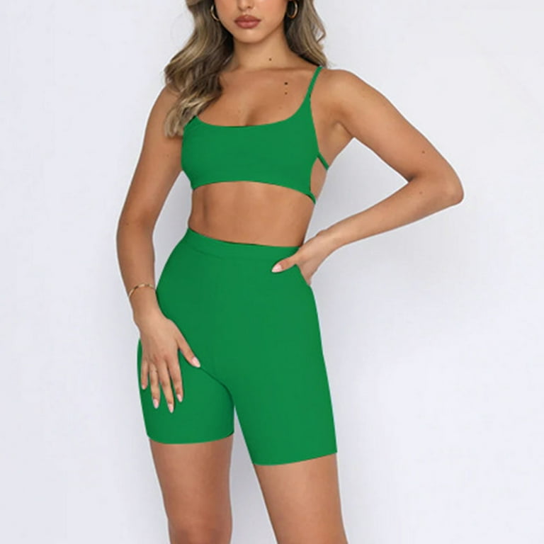 Workout Outfits for Women 2 Piece Seamless High Waist Leggings with Sports  Bra Exercise Set, Fashion Women Summer Casual Solid Backless Cropped Tops  Outing Sport Biker Shorts Pant Sets Green Size XL 