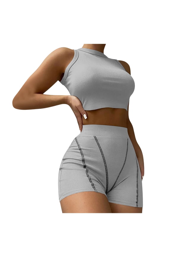 Workout Outfits for Women 2 Piece Ribbed High Waist Biker Shorts with Tank Crop Tops Exercise Set Yoga Outfit Tracksuits
