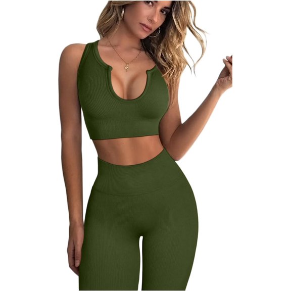 Workout Outfits for Women 2 Piece Ribbed Seamless Crop Tank High Waist Yoga Leggings Sets