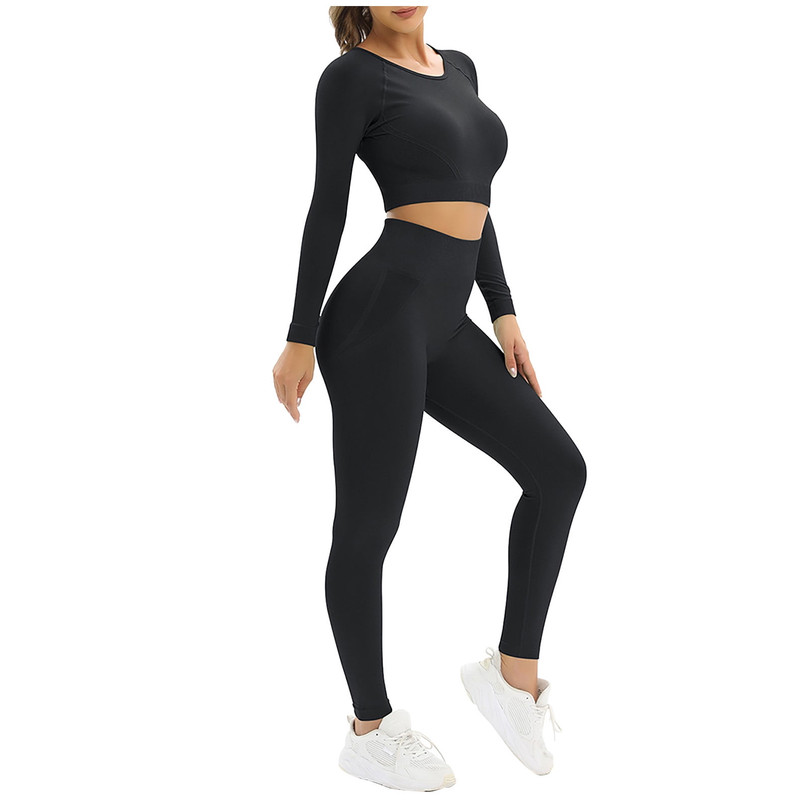 High Quality Yoga Gym Set 2 Piece Outfit Seamless Home Workout Clothes for Women  Fitness Legging Long Sleeve Crop Top S-XL