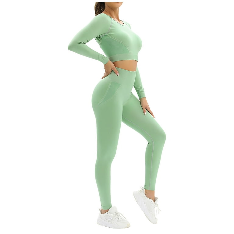 Workout Outfits for Women 2 Piece Seamless Long Sleeve Crop Tops and High  Waist Yoga Leggings Exercise Sets Ladies Clothes 