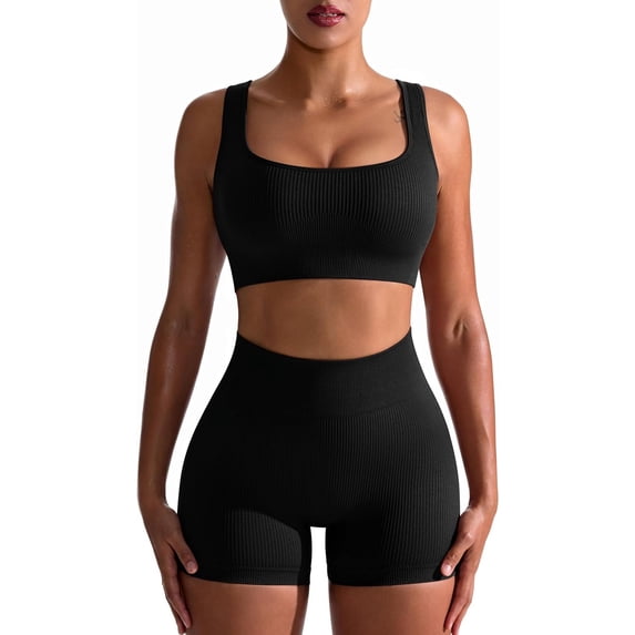 Workout Outfits for Women 2 Piece Seamless Ribbed High Waist Leggings with Sports Bra Exercise Set…