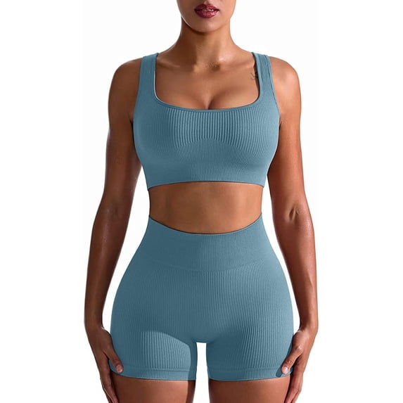 Workout Outfits for Women 2 Piece Seamless Ribbed High Waist Leggings with Sports Bra Exercise Set…
