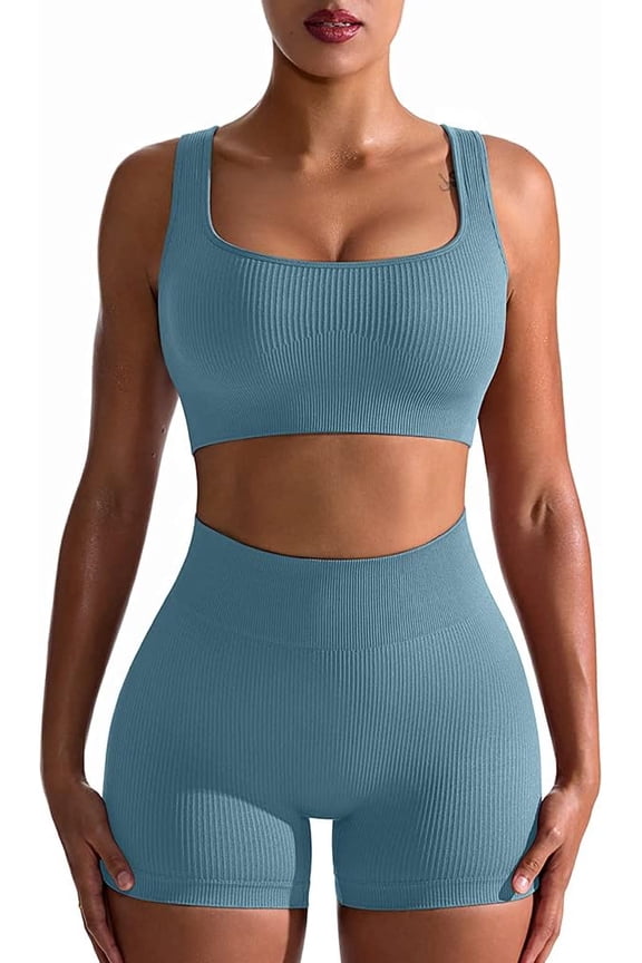 Workout Outfits for Women 2 Piece Seamless Ribbed High Waist Leggings with Sports Bra Exercise Set…