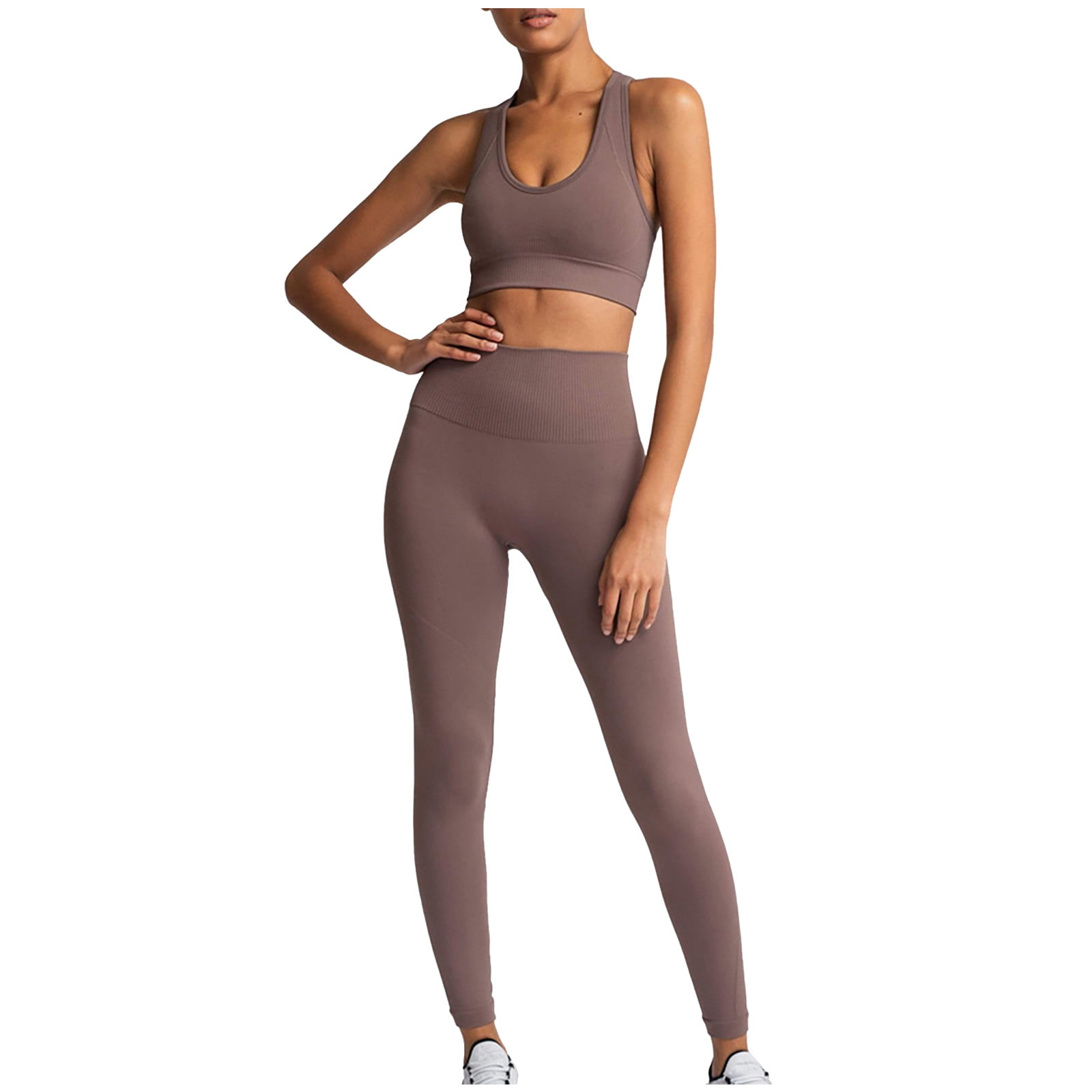  Brown 2 Piece Workout Set for Women Outfit Gym High Waist  Leggings with Padded Push Up Sport Bra M : Sports & Outdoors
