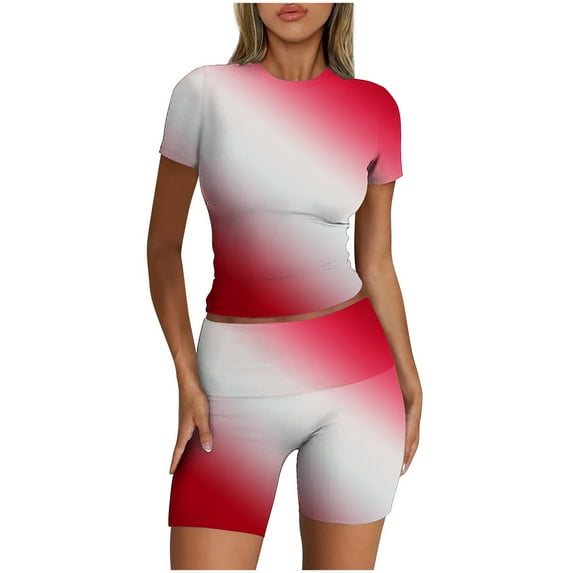 Workout Outfits for Women 2 Piece Set Plus Size Summer Yoga Stretch Set Slim Fit Short Sleeve Tops Shorts Sets (Pink S)