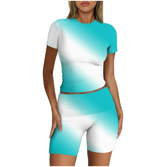 Workout Outfits for Women 2 Piece Set Plus Size Summer Yoga Stretch Set Slim Fit Short Sleeve Tops Shorts Sets (Sky Blue M)