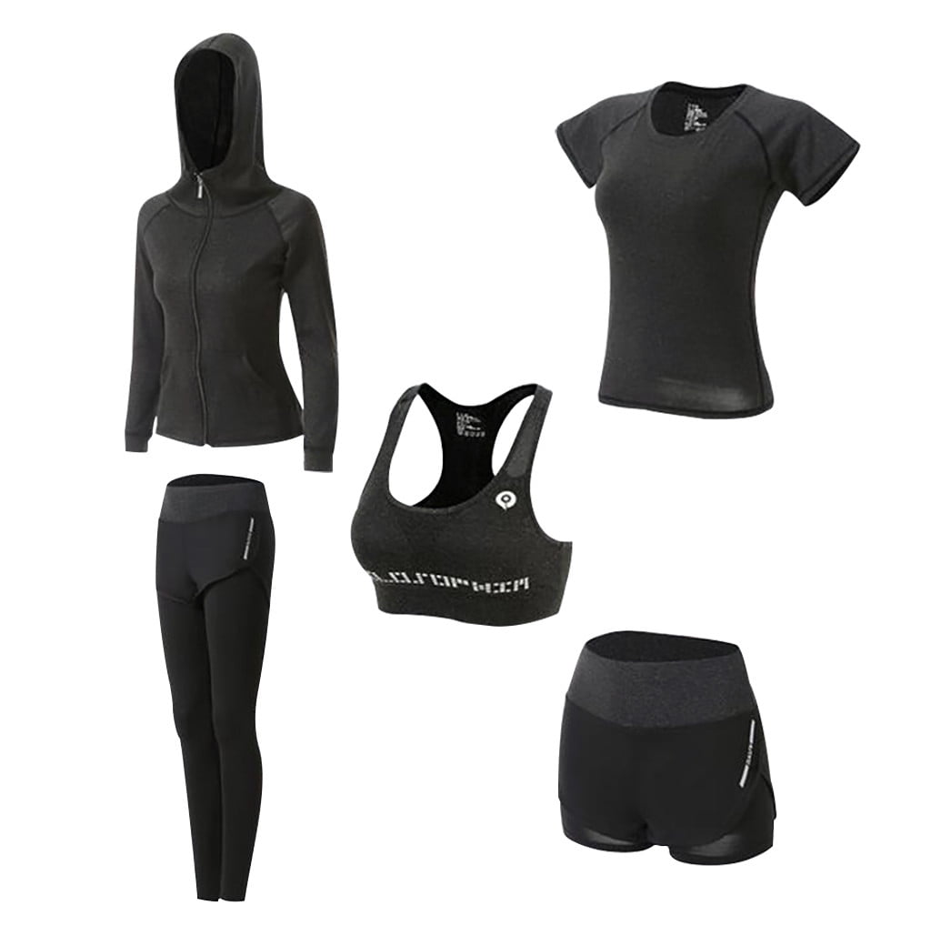 Workout Outfits for Women 5 Pieces Yoga Exercise Fitness Gym Outfits Running  Athletic Clothes Set Activewear Tracksuit Sets 