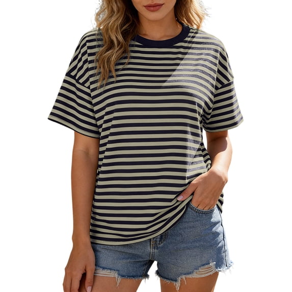 Workout Oversized T Shirts for Women Casual Short Sleeve Striped Comfortable Basic Crewneck Tee Top