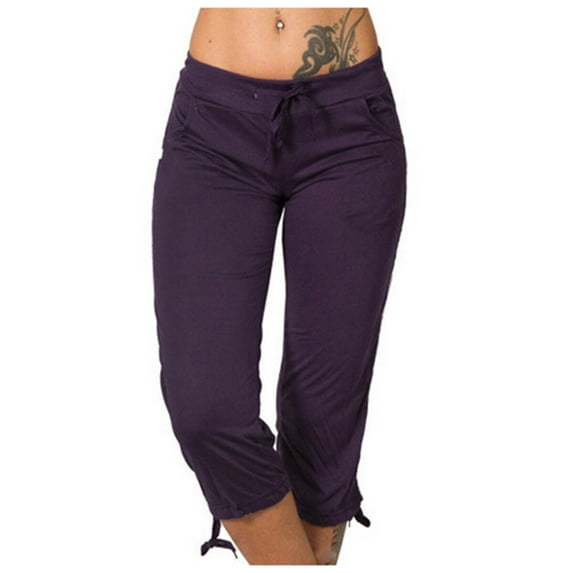 Workout Pants Capris for Women Yoga Capri Trackpants High Waist Drawstring Jogging Hiking Athletic Sweat Slacks (Small, Purple)