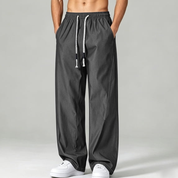 Workout Pants for Men Elastic Waist Drawstring Lightweight Wide Leg Pants with Pockets Loose Straight Split Casual Outdoor Trousers Hiking Travel Outfits