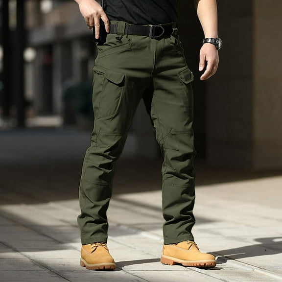 Workout Pants for Men Solid Color Mid Waisted Stretch Cargo Pants Outdoor Comfortable Slim Fit Work Pants Lightweight Travel Hiking Fall Pants with Pockets