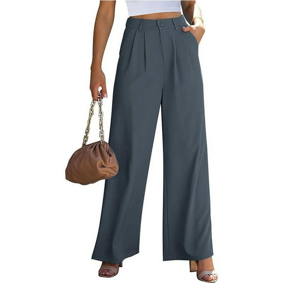 uublik Workout Pants Women Gray Business Casual Palazzo Pants High Waisted Flowy Dressy Trousers with Pockets