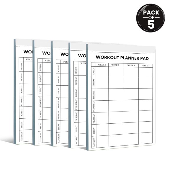 Workout Planner Pad 5.5 x 8.5 Inch, Pack of 5 Fitness Planner Notepads, Exercise Log Book, Workout Tracker, Gym Training Journal, 50 Sheets Per Pad, Made in USA