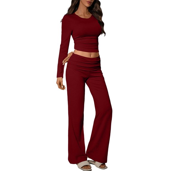 Workout Set Workout Sets for Women Matching Workout Sets for Women Active Sets for Women Women's Workout 2 Piece Lounge Sets Long Sleeve Tops Foldover Flare Pants Casual Outfits Tracksuit, Red-L