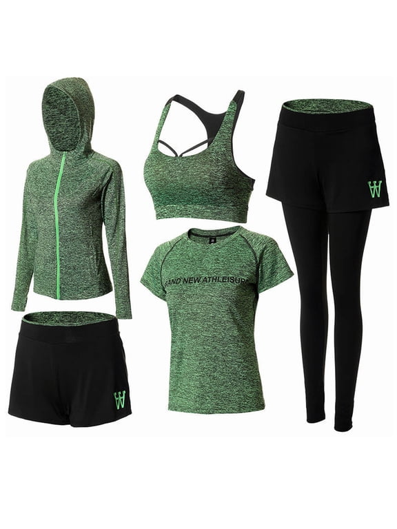 Workout Set for Women 5 Piece Yoga Running Athletic Outfits Quick Dry Activewear Gym Clothes Sportswear (2XL, Green)