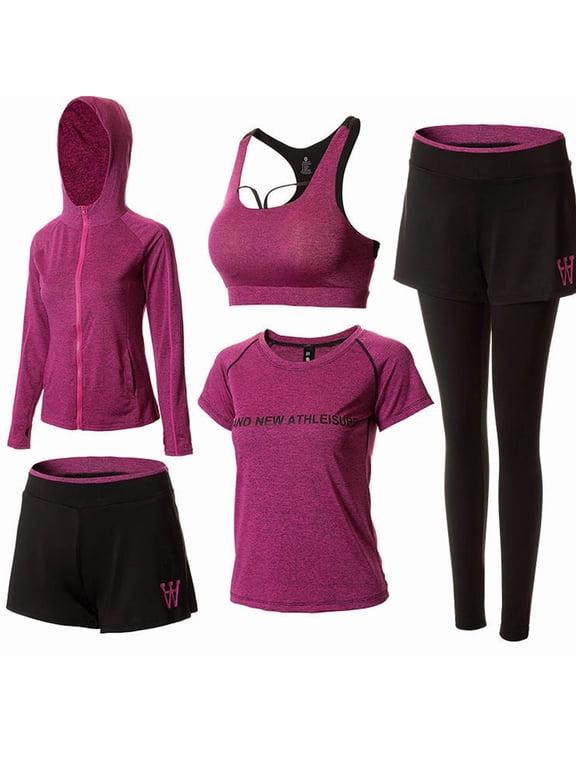 Workout Set for Women 5 Piece Yoga Running Athletic Outfits Quick Dry Activewear Gym Clothes Sportswear (L, Purple)