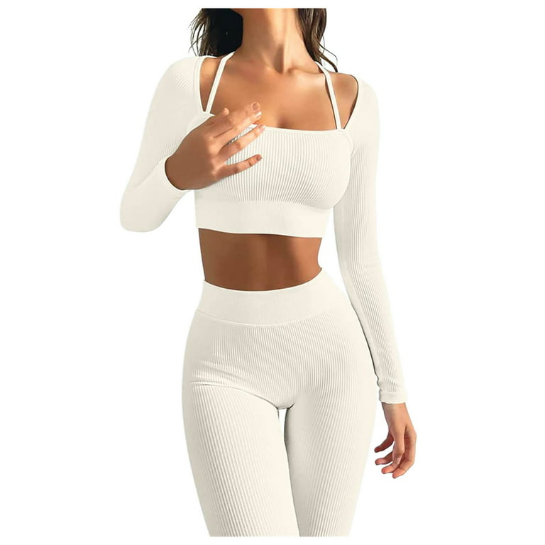  Gumipy Workout Sets Women 2 Piece Seamless Ribbed Workout High  Waist Leggings with Long Sleeve Crop Top Seamless Gym Clothes Set : Sports  & Outdoors