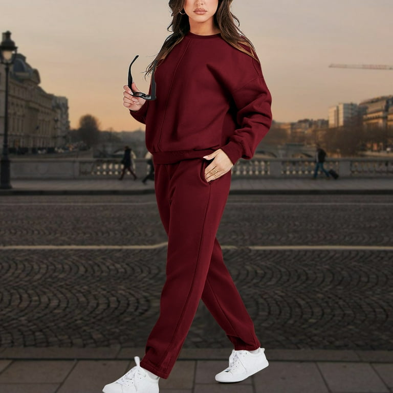 Workout Sets For Women 2 Sets Long Sleeve Crew Neck Pullover Tracksuit Pants Tracksuit Casual Suit 2 piece outfits for women Wine XXL Walmart
