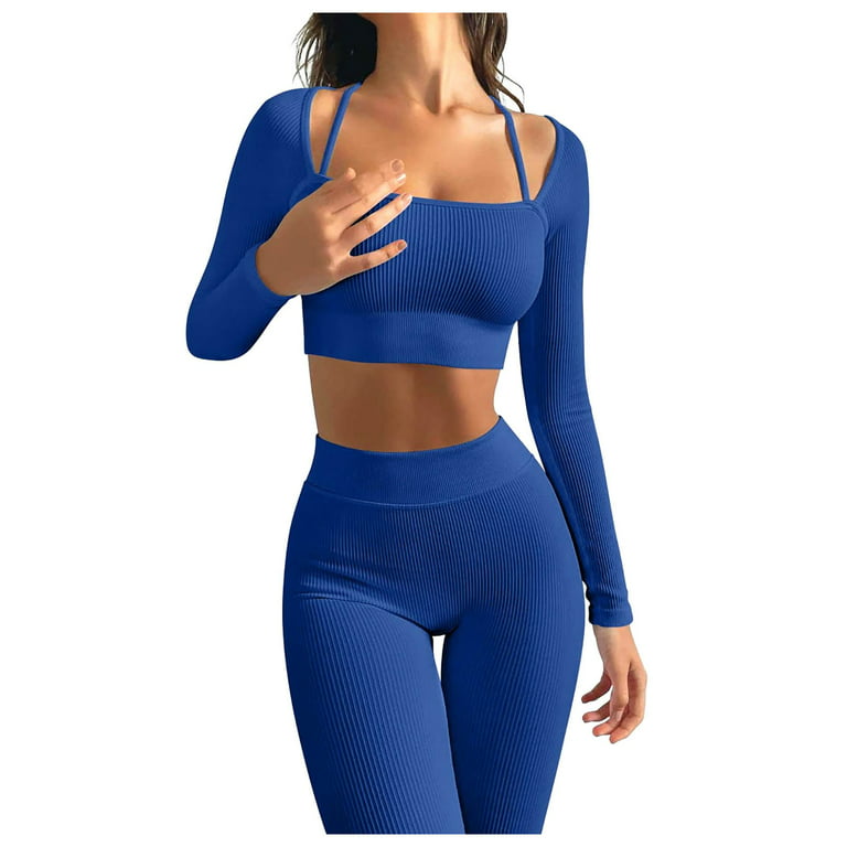 Workout Sets For Women Plus Size Yoga Outfits Seamless Ribbed Workout High  Waist Leggings With Crop Top Exercise Set Yoga Pants Set