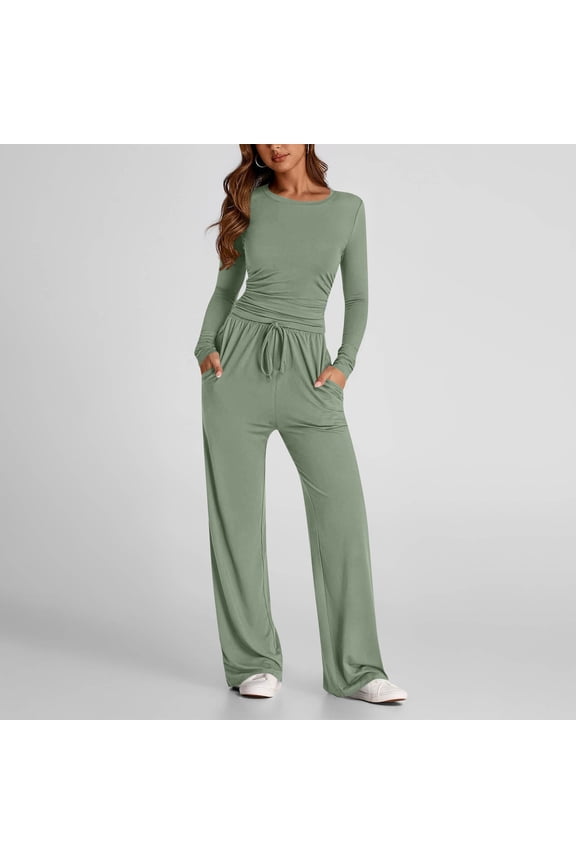 Workout Sets For Women Solid Color Crew Neck Long Sleeve Top And Relaxed Fit Casual Pants Two Piece Coordinated Outfit Casual Daily Outfits