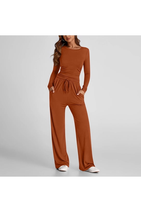 Workout Sets For Women Solid Color Crew Neck Long Sleeve Top And Relaxed Fit Casual Pants Two Piece Coordinated Outfit Casual Daily Outfits