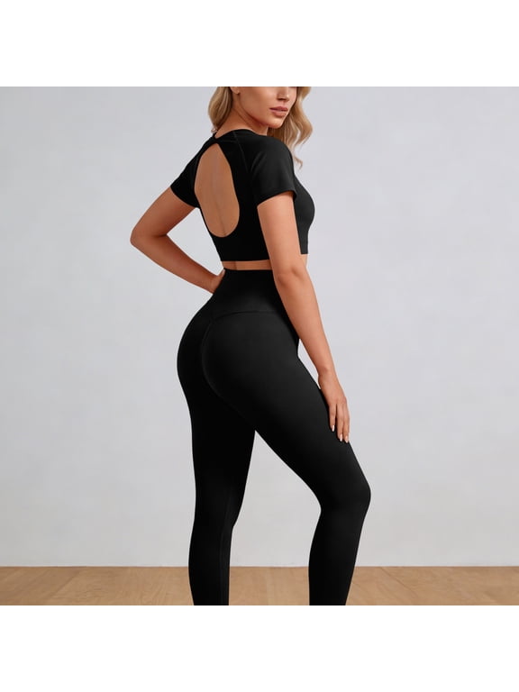 Workout Sets for Women High Waisted Leggings Cropped T Shirts Top 2 Piece Athletic Gym Set Womens Solid Tummy Control Yoga Legging Short Sleeve Shirt 2 Pieces Sport Matching Sets