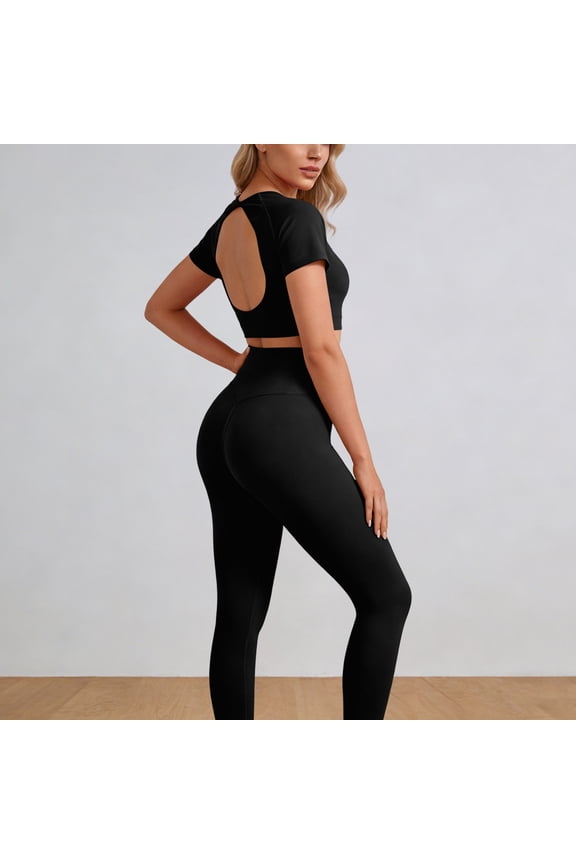 Workout Sets for Women High Waisted Leggings Cropped T Shirts Top 2 Piece Athletic Gym Set Womens Solid Tummy Control Yoga Legging Short Sleeve Shirt 2 Pieces Sport Matching Sets
