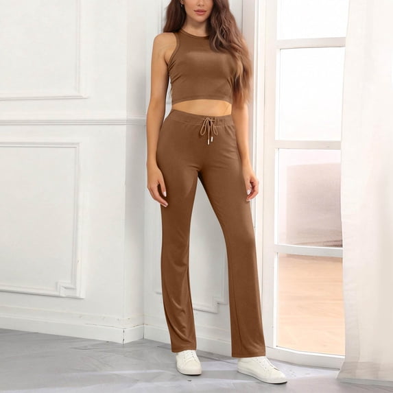 Workout Sets for Women Jogging Suits for Women 2 Piece Sets for Women 2 Piece Womens Sleeveless Workout Sets Double Lined Crop Tops Workout Tight Racerback Tank Tops And Pants, Khaki-L
