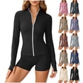 thumbnail image 1 of Workout Sets for Women Plus Size Zip-up Long Sleeve Mock Neck Tops with Thumbhole Elastic Waist Leggings Shorts Solid Color 2 Piece Set Casual Sport Yoga Activewear Suit, 1 of 8
